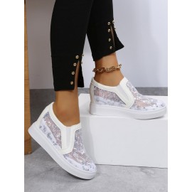 Sequins Floral Embroidered Lace Paneled Slip-On Wedge Shoes