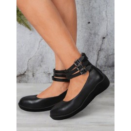 Vintage Black Buckle Decor Comfy Sole Shallow Shoes wtith Back Zip